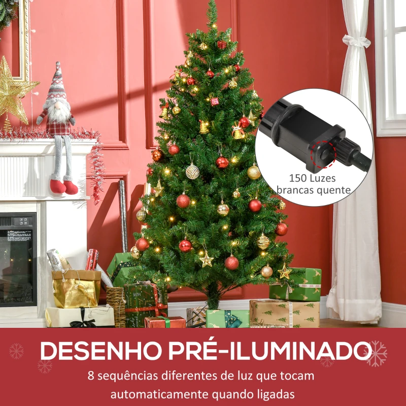 HOMCOM Árvore de Natal Artificial Ignífugo com 502 Ramos 150 Luzes LED IPX2 8 Modos Folhas de PVC Base Dobrável e Suporte Metálico Verde