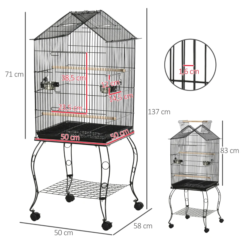 PawHut Gaiola para Pássaros com Suporte Rodas Bandeja Amovível 2 Comedouros e Prateleira Inferior de Metal 50x58x145 cm Preto