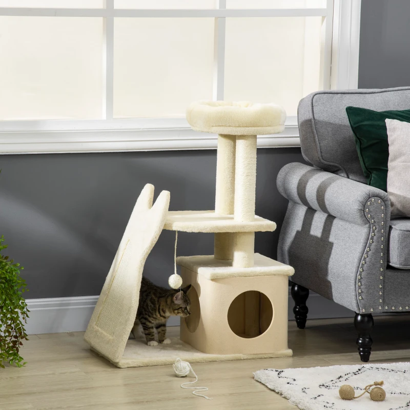 PawHut Árvore Arranhador para Gatos Torre para Gatos com Cama Caverna  Bola Suspensa Postes e Rampa de Sisal 60x30x83cm Bege