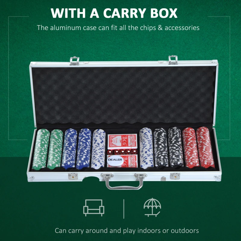 HOMCOM 500PCs Poker Chip Set Casino Games 2 Card Decks, Dealer Button, Dice w/Lockable Aluminum Case