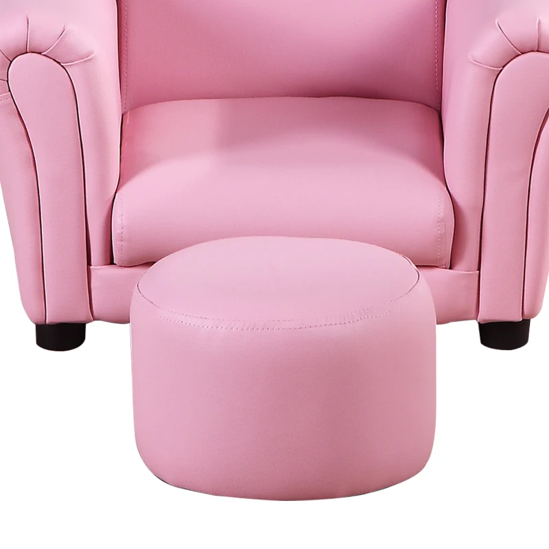 HOMCOM Toddlercouch, Kids Sofa, W/Footstool, PVC, Wood Frame, Pink