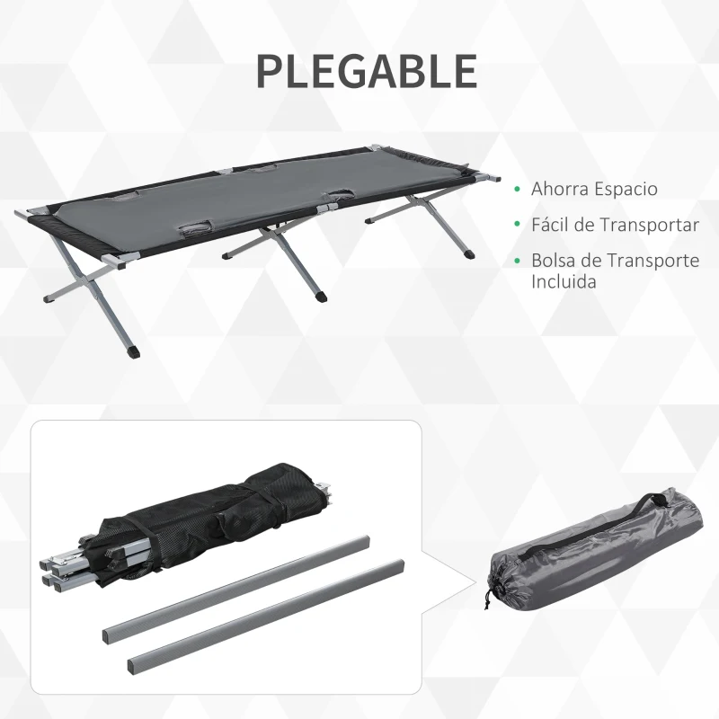 Outsunny Cama de Camping Plegable de Aluminio con Bolsa de Transporte Portátil con Acolchado Capacidad de Carga 114 kg para Interiores y Exteriores 210x86x42 cm Gris