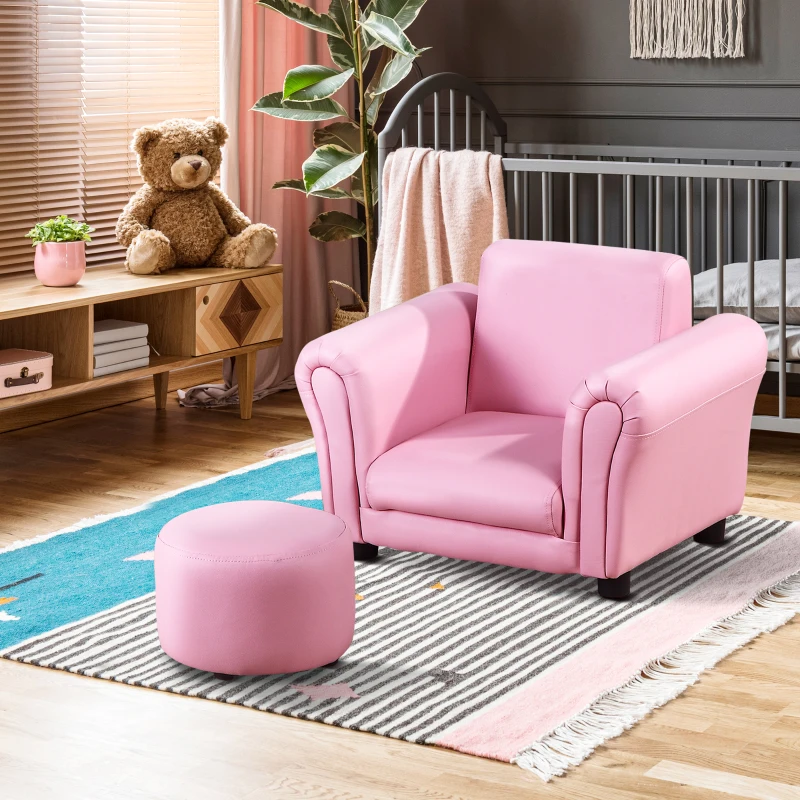 HOMCOM Toddlercouch, Kids Sofa, W/Footstool, PVC, Wood Frame, Pink