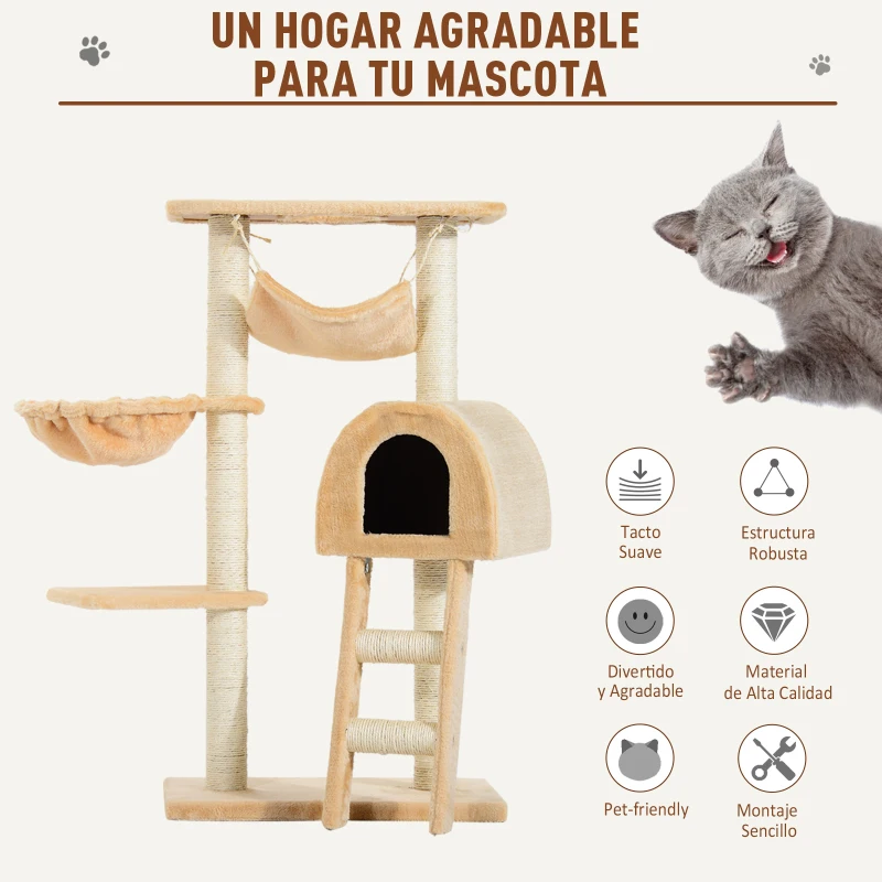 PawHut Árbol para Gatos Rascador 55x30x100 cm con Poste para Arañar Nido Cesta Hamaca Plataforma Caseta y Escalera de Terciopelo y Sisal Natural Beige
