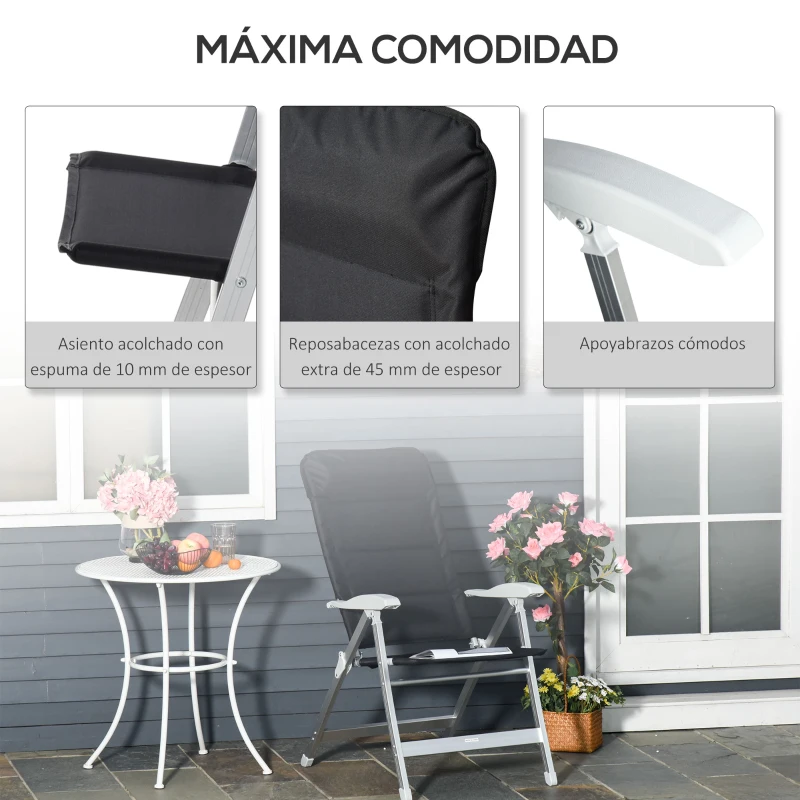 Outsunny Silla de Jardín Plegable Portátil de Aluminio con Respaldo Alto Ajustable en 7 Posiciones y Reposacabezas Acolchado para Exterior Terraza Camping 75x61,5x114,5 cm Negro