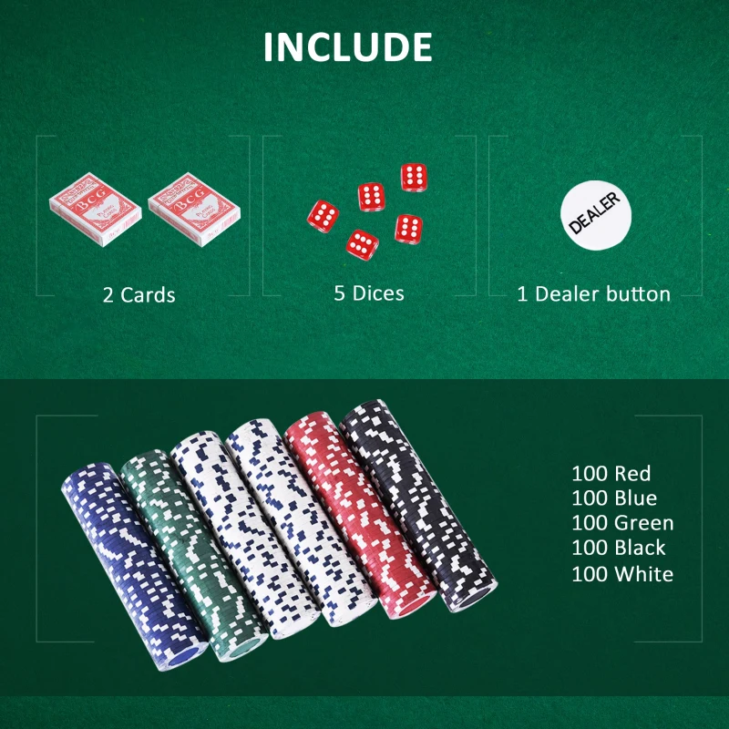 HOMCOM 500PCs Poker Chip Set Casino Games 2 Card Decks, Dealer Button, Dice w/Lockable Aluminum Case