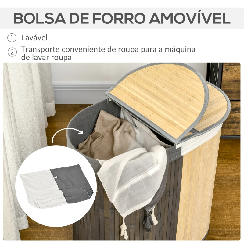 HOMCOM Cesto de Roupa de Bambu Capacidade de 100L com Tampa Rebatível e 2 Compartimentos 62,5x37x60,5cm Cinza e Madeira