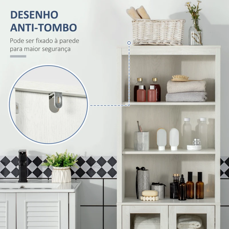 kleankin Armário Alto de Casa de Banho com 2 Portas de Vidro e 3 Prateleiras Armário Auxiliar Estilo Moderno 53x30x162cm Branco