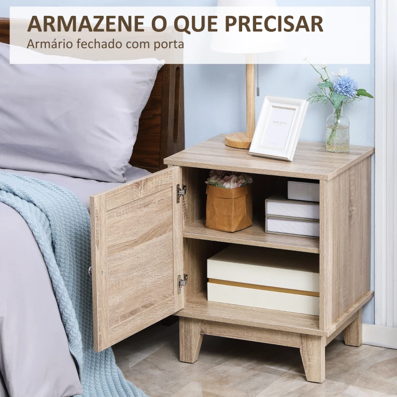HOMCOM Mesa de Cabeceira com 1 Porta de Vime e Prateleira Interior Ajustável para Dormitório Sala de Estar 48x40x58cm Carvalho