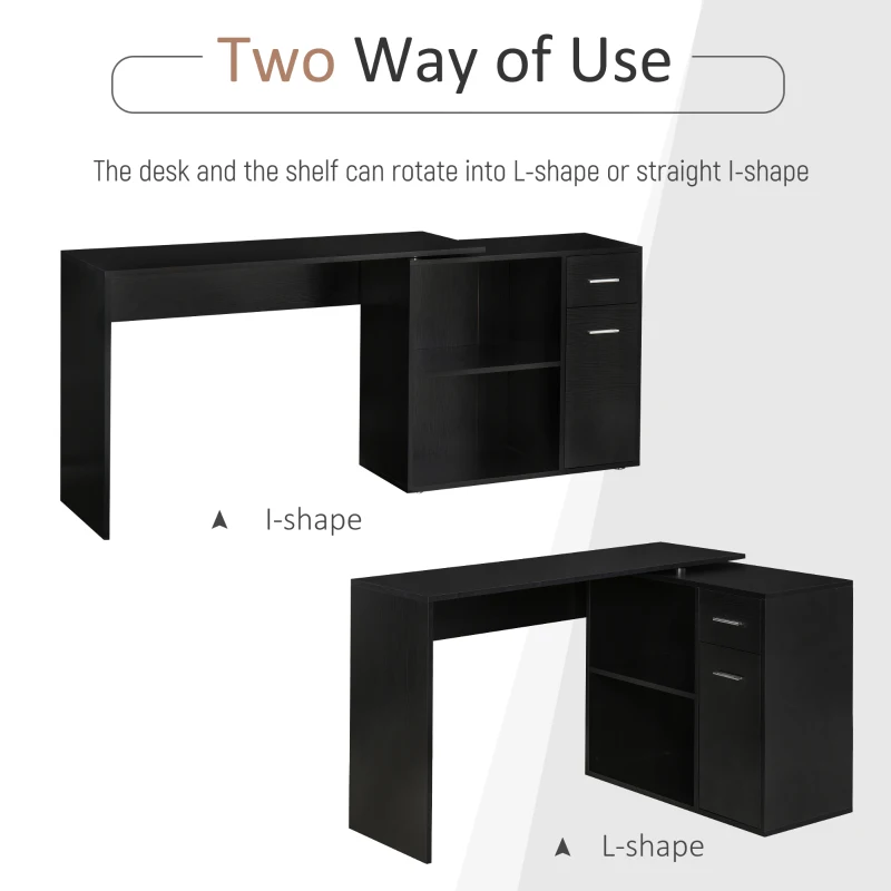 HOMCOM 180 Degree Rotating Corner Desk L- Shaped Table Home Office Workstation Black
