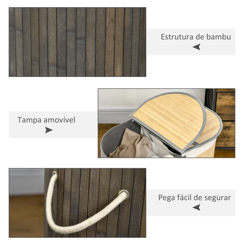 HOMCOM Cesto de Roupa de Bambu Capacidade de 100L com Tampa Rebatível e 2 Compartimentos 62,5x37x60,5cm Cinza e Madeira