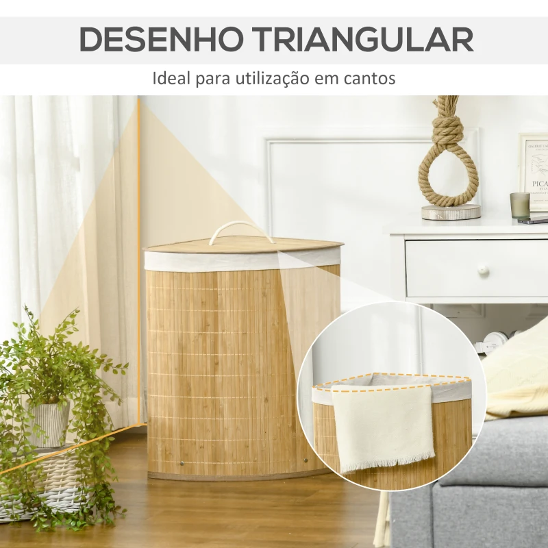 HOMCOM Cesto de Roupa de Bambu Capacidade de 55L Cesto para Roupa Suja com Tampa e Bolsa Amovível 38x38x57cm Madeira