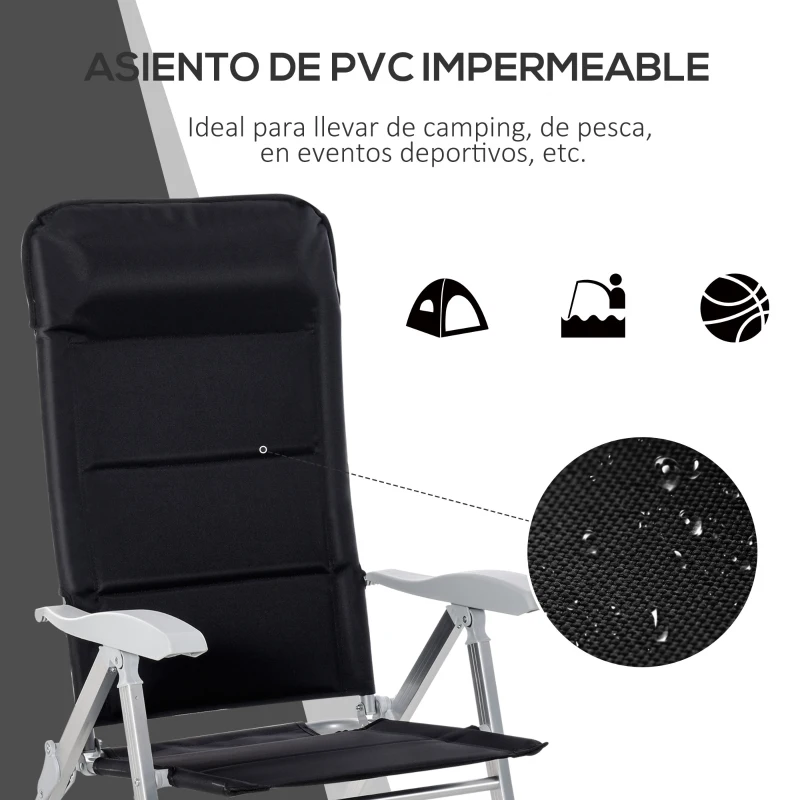 Outsunny Silla de Jardín Plegable Portátil de Aluminio con Respaldo Alto Ajustable en 7 Posiciones y Reposacabezas Acolchado para Exterior Terraza Camping 75x61,5x114,5 cm Negro