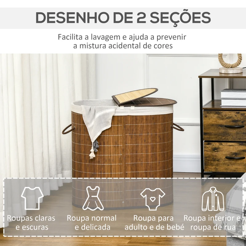 HOMCOM Cesto de Roupa de Bambu Capacidade de 100L Cesto para Roupa Suja com Bolsa de 2 Compartimentos 62,5x37x60,5cm Marrom