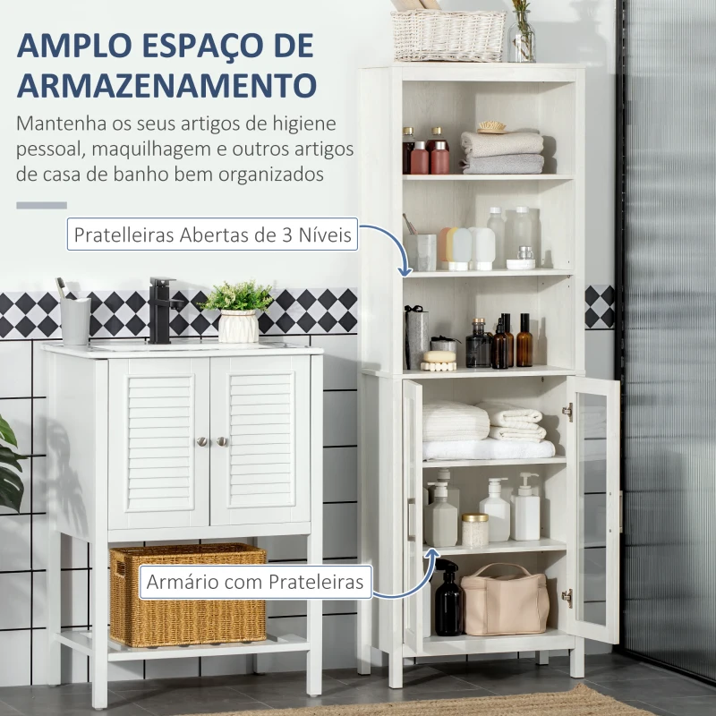 kleankin Armário Alto de Casa de Banho com 2 Portas de Vidro e 3 Prateleiras Armário Auxiliar Estilo Moderno 53x30x162cm Branco
