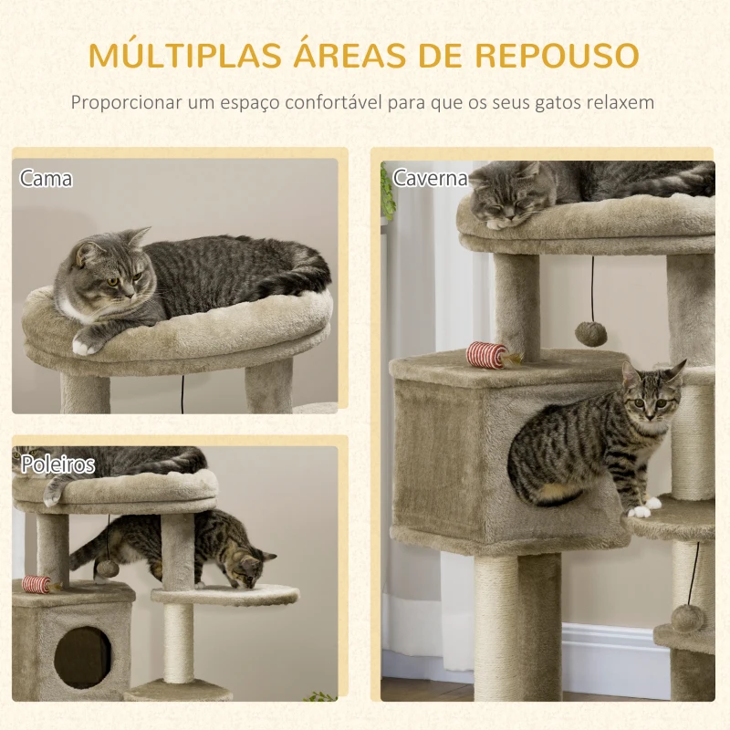 PawHut Árvore Arranhador para Gatos com Cama Caverna 3 Escadas Bolas Suspensas e Postes de Sisal 55x55x94cm Marrom e Creme