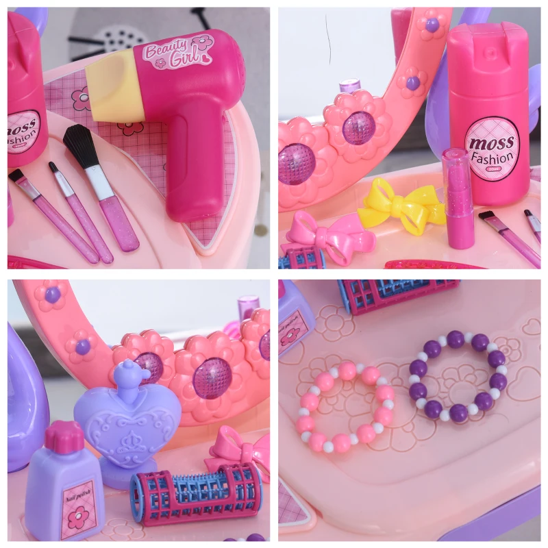 HOMCOM Kids Pretend Vanity Table with Stool, Beauty Pretend Play Set, Princess Dressing Table, with Mirror Lights Music & Makeup Accessories for Girls 3 Years Old Pink