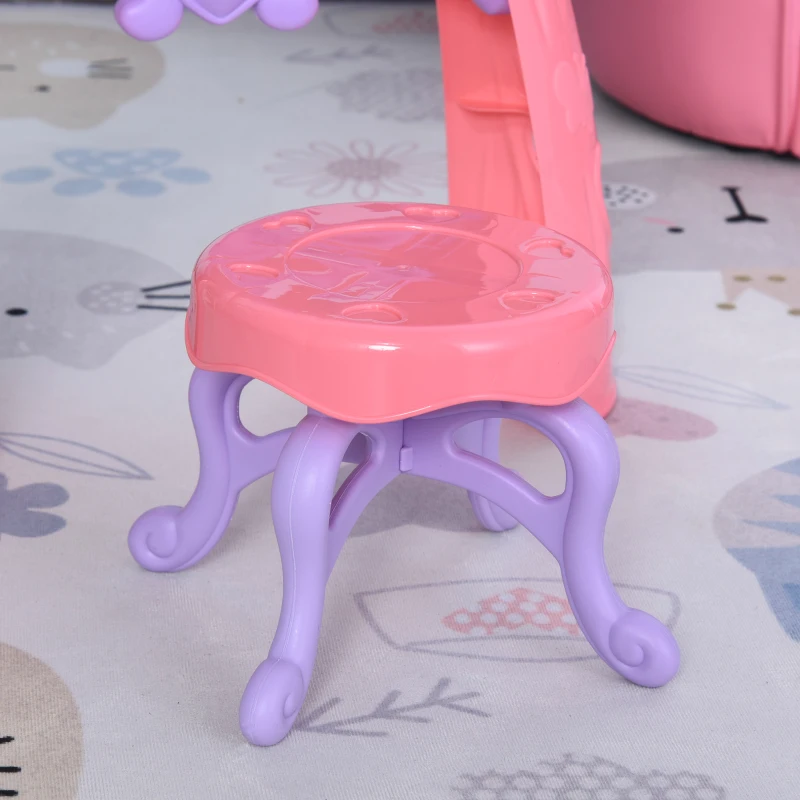 HOMCOM Kids Pretend Vanity Table with Stool, Beauty Pretend Play Set, Princess Dressing Table, with Mirror Lights Music & Makeup Accessories for Girls 3 Years Old Pink