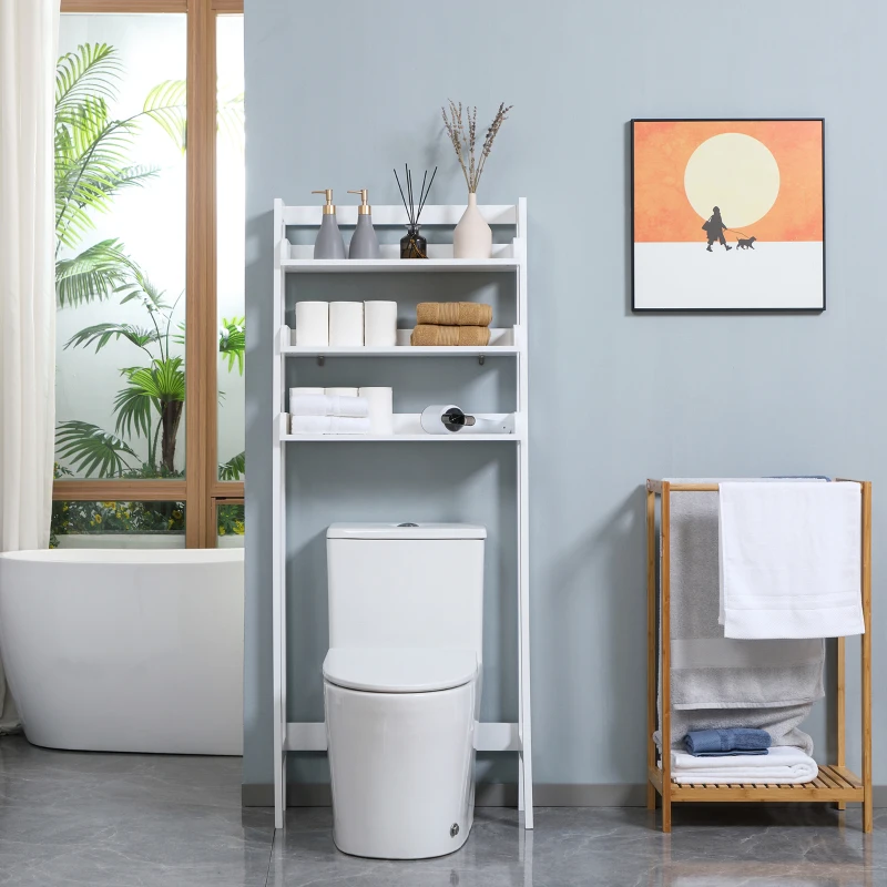 kleankin Estantería sobre Inodoro WC Mueble de 3 Niveles Estante de Almacenamiento para Baño 63,5x28x156,2 cm Blanco