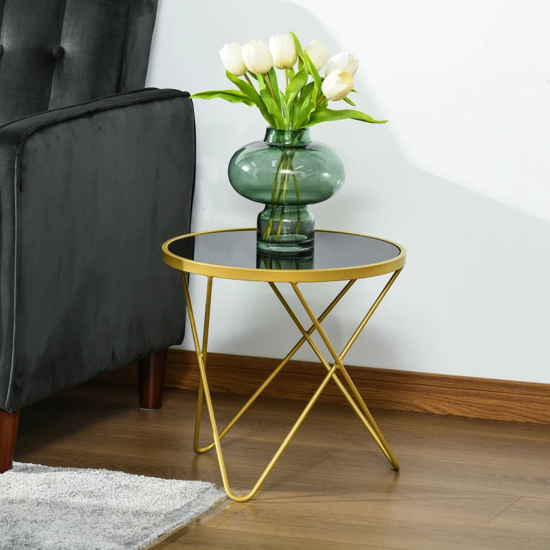HOMCOM Glass Coffee Table, Round End Side Table, Accent Table with Tempered Glass Top and Golden Metal Legs for Living Room, Bedroom, Black