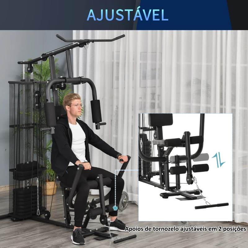 HOMCOM Máquina Multi Estação de Musculação com Placas de Peso de 45kg Carga Máxima 120kg para Treinamento Fitness 150x110x210cm Preto