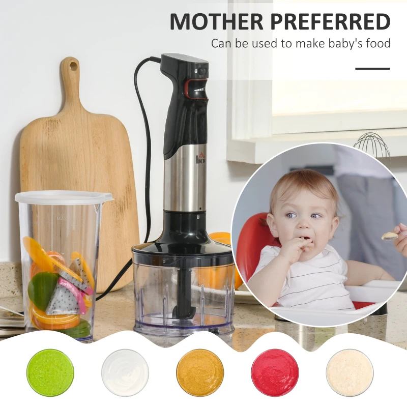 HOMCOM Hand Blender Currys 1000W, 4 In 1 with Measuring Cup, Egg Whisk, Chopper Bowl, Blender for Smoothies