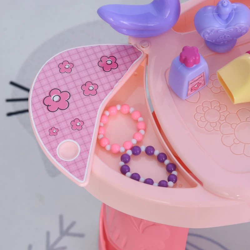 HOMCOM Kids Pretend Vanity Table with Stool, Beauty Pretend Play Set, Princess Dressing Table, with Mirror Lights Music & Makeup Accessories for Girls 3 Years Old Pink