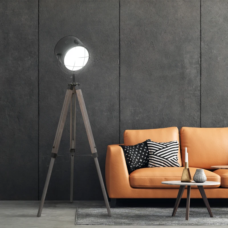 HOMCOM Industrial Style Adjustable Tripod Floor Lamp for Living Room Bedroom, Vintage Spotlight Reading Lamp with Wood Legs, 115-155cm, Grey
