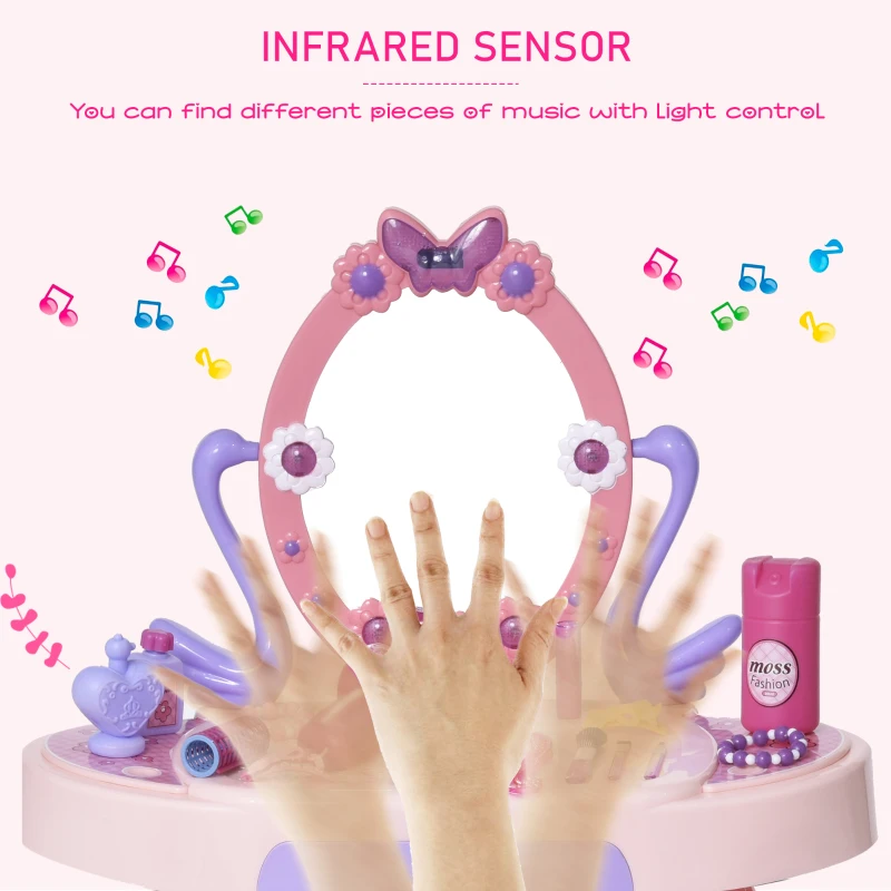 HOMCOM Kids Pretend Vanity Table with Stool, Beauty Pretend Play Set, Princess Dressing Table, with Mirror Lights Music & Makeup Accessories for Girls 3 Years Old Pink
