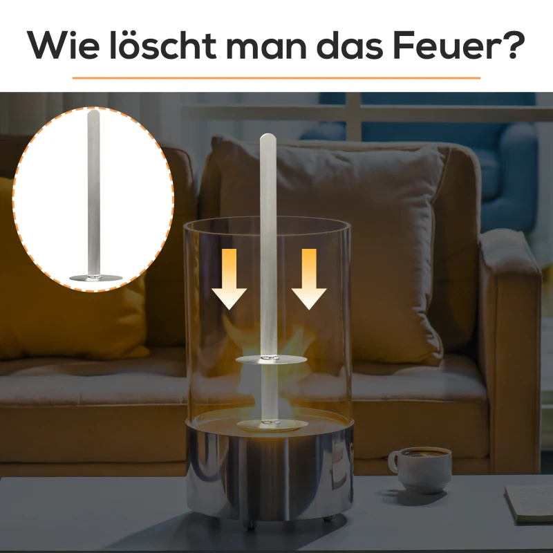 HOMCOM Biokamin Ethanol Kamin Bio Ethanol Brenner 0,4L Brenndauer kein Rauch mit Feuerlöschhaken Edelstahl gehärtetes Glas Silber 23 x 23 x 39 cm