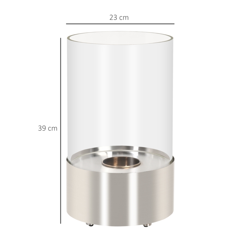 HOMCOM Biokamin Ethanol Kamin Bio Ethanol Brenner 0,4L Brenndauer kein Rauch mit Feuerlöschhaken Edelstahl gehärtetes Glas Silber 23 x 23 x 39 cm