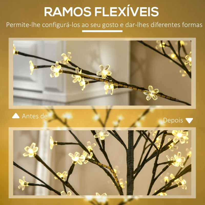HOMCOM Árvore de Cerejeira com 120 Luzes LED IP44 Candeeiro Decorativo Flor de Cereja com Ramos Flexíveis 17x17x120cm Preto