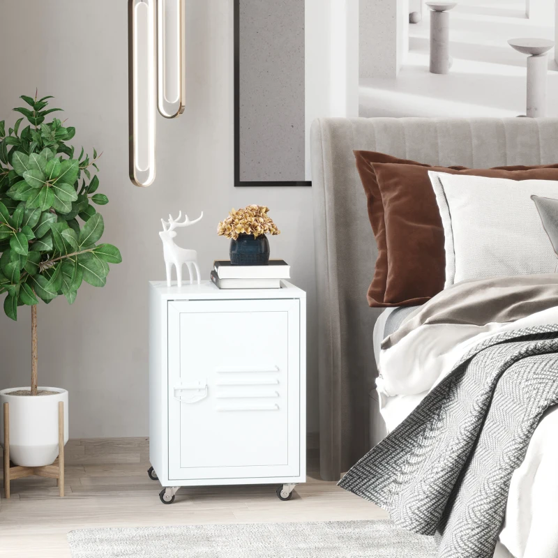 HOMCOM Rolling Storage Cabinet File Cabinet With Adjustable Shelf, Metal Door White