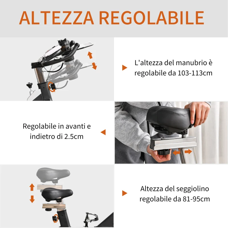 HOMCOM Cyclette Spin Bike con Volano 18kgAltezza e Resistenza Regolabile con Supporto per Cellulare e Display LCD Nero