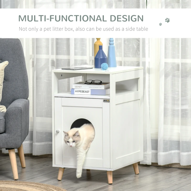 PawHut Cat Litter Box Enclosure  Decorative End Table, Cat Cave House Indoor, Wooden Cabinet with Magnetic Door, Multiple Storage Space White