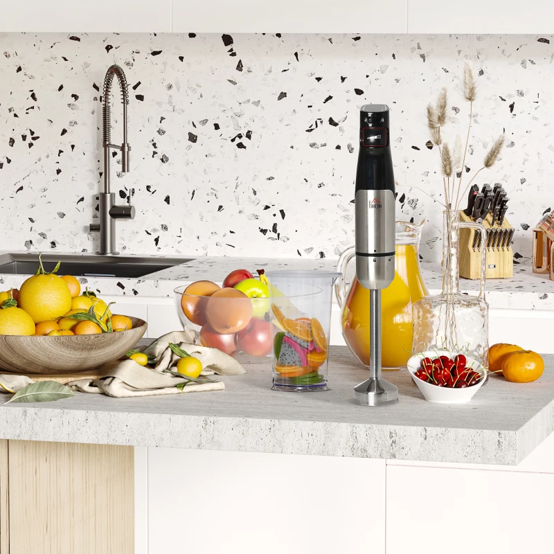 HOMCOM Hand Blender Currys 1000W, 4 In 1 with Measuring Cup, Egg Whisk, Chopper Bowl, Blender for Smoothies