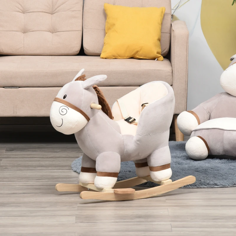 HOMCOM Kids Children Rocking Horse Plush Ride On Donkey Seat w/ Sound Wood Base Seat Safety Belt Toddler Baby Toy Rocker Grey 18 - 36 Months