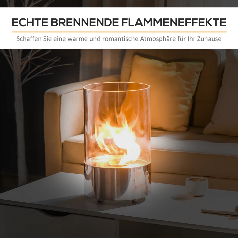HOMCOM Biokamin Ethanol Kamin Bio Ethanol Brenner 0,4L Brenndauer kein Rauch mit Feuerlöschhaken Edelstahl gehärtetes Glas Silber 23 x 23 x 39 cm