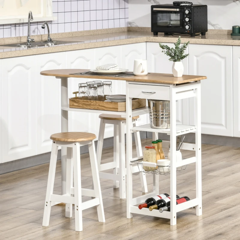 HOMCOM 3 Piece Bar Table Set, Breakfast Bar table and Stools with Storage Shelf, Drawer, Wire Basket and Wine Rack for Kitchen, Home Bar, Natural and White