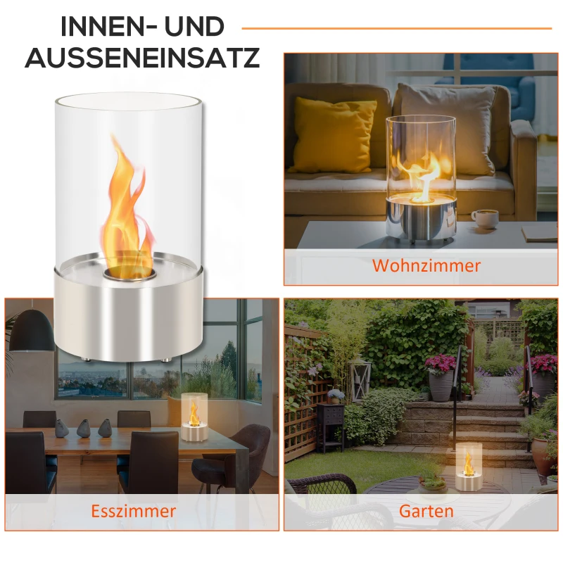 HOMCOM Biokamin Ethanol Kamin Bio Ethanol Brenner 0,4L Brenndauer kein Rauch mit Feuerlöschhaken Edelstahl gehärtetes Glas Silber 23 x 23 x 39 cm