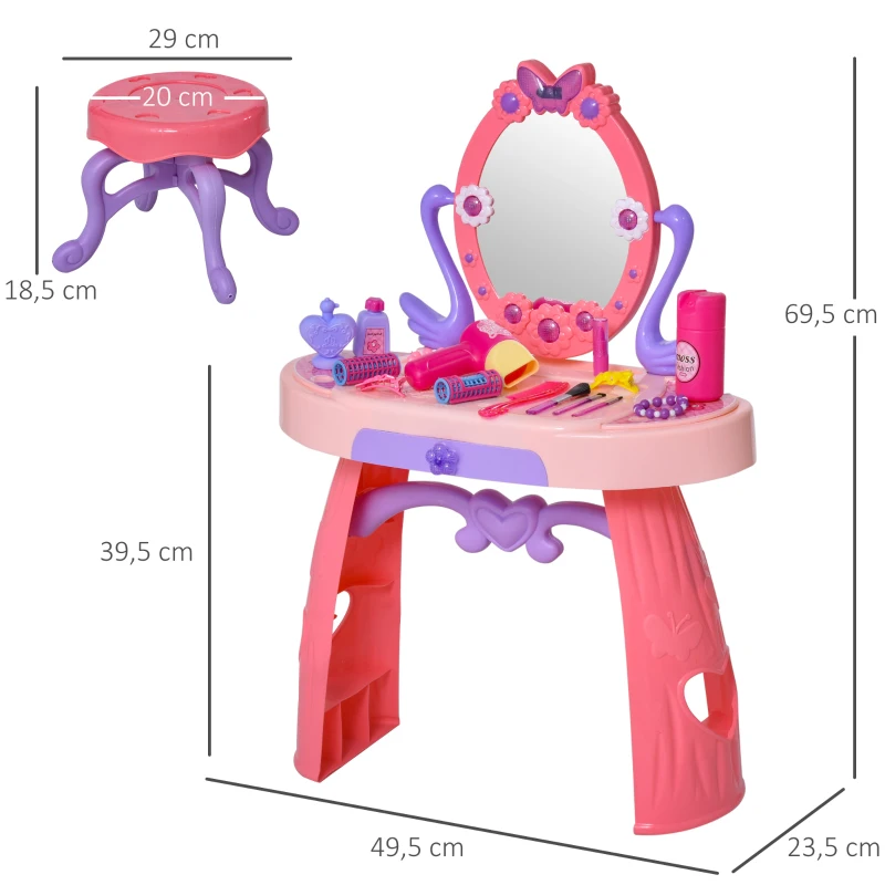 HOMCOM Kids Pretend Vanity Table with Stool, Beauty Pretend Play Set, Princess Dressing Table, with Mirror Lights Music & Makeup Accessories for Girls 3 Years Old Pink