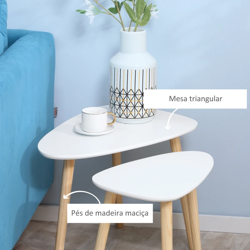 HOMCOM Conjunto de 2 Mesas Auxiliares com Pés de Madeira Mesas de Café 59,5x39,5x45cm e 44,5x28,5x40cm Branco