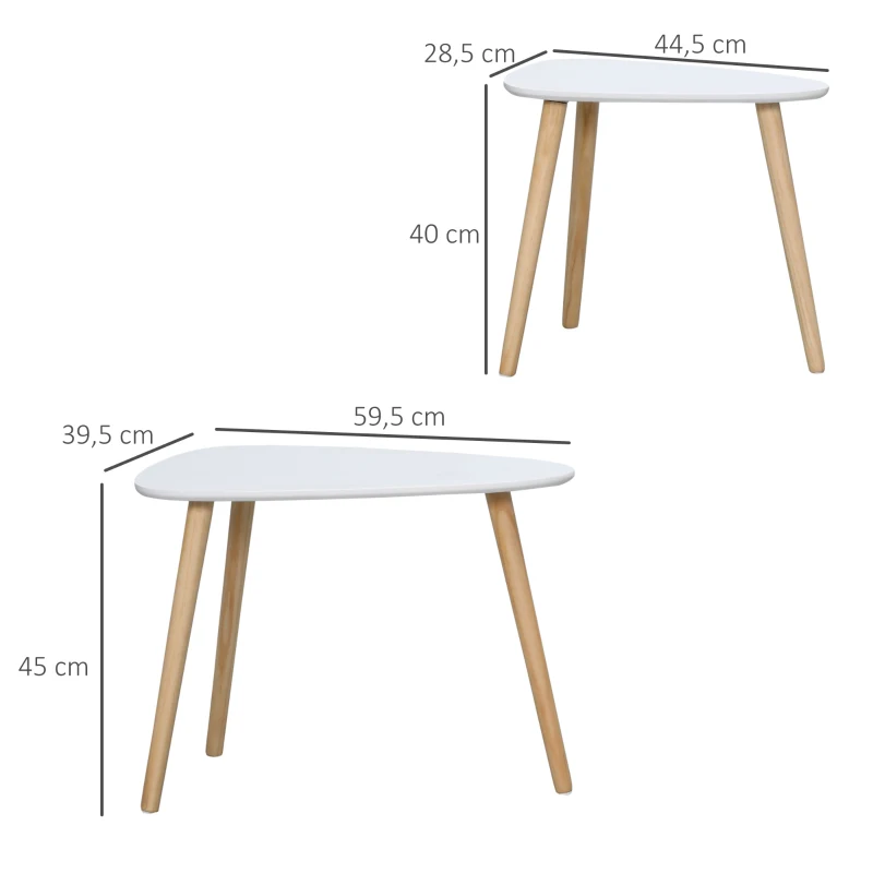 HOMCOM Conjunto de 2 Mesas Auxiliares com Pés de Madeira Mesas de Café 59,5x39,5x45cm e 44,5x28,5x40cm Branco