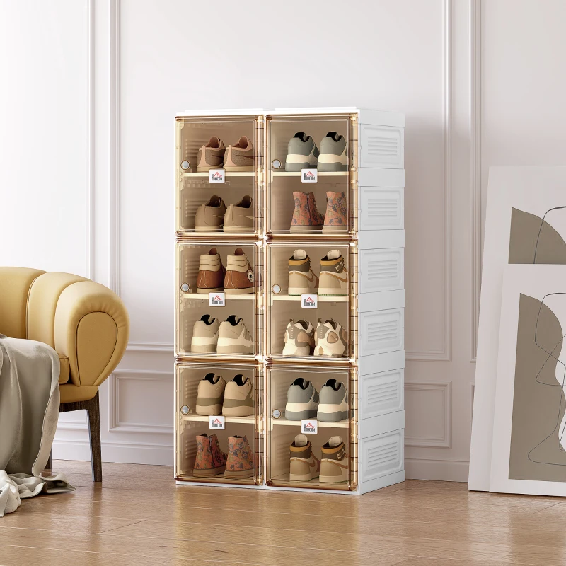 HOMCOM Plastic Shoe Cabinet, Portable Shoe Storage Cabinet with 6 Doors and 12 Cubes for Entryway, Hold up to 12 Pairs, White and Brown