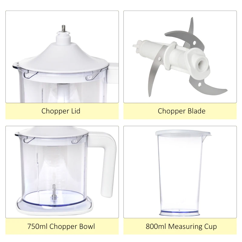 HOMCOM Five-In-One Hand Mixer 500W Electric Whisk Five Speed w/ Stainless Steel Dough Hook Beater Blender Chopper for Kitchen Baking - White