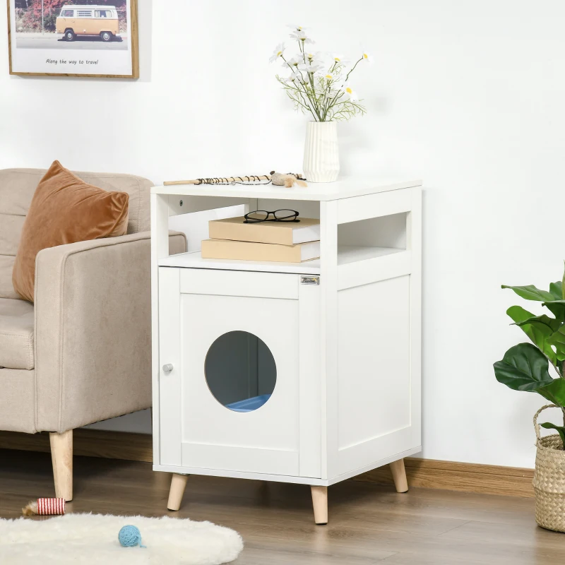 PawHut Cat Litter Box Enclosure  Decorative End Table, Cat Cave House Indoor, Wooden Cabinet with Magnetic Door, Multiple Storage Space White
