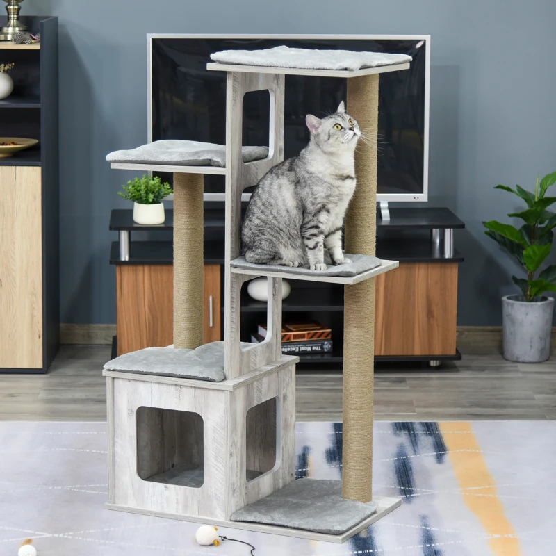 PawHut 114cm Wooden Cat Tree Condo Jute Scratching Post Cat Tower Kitten Activity Center Grey