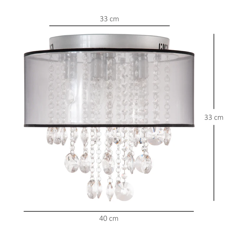 HOMCOM Modern Crystal Chandelier Flush Mount Ceiling Light with Drum Shade, 40cm, for Living Room, Bedroom, Dining Room, Silver
