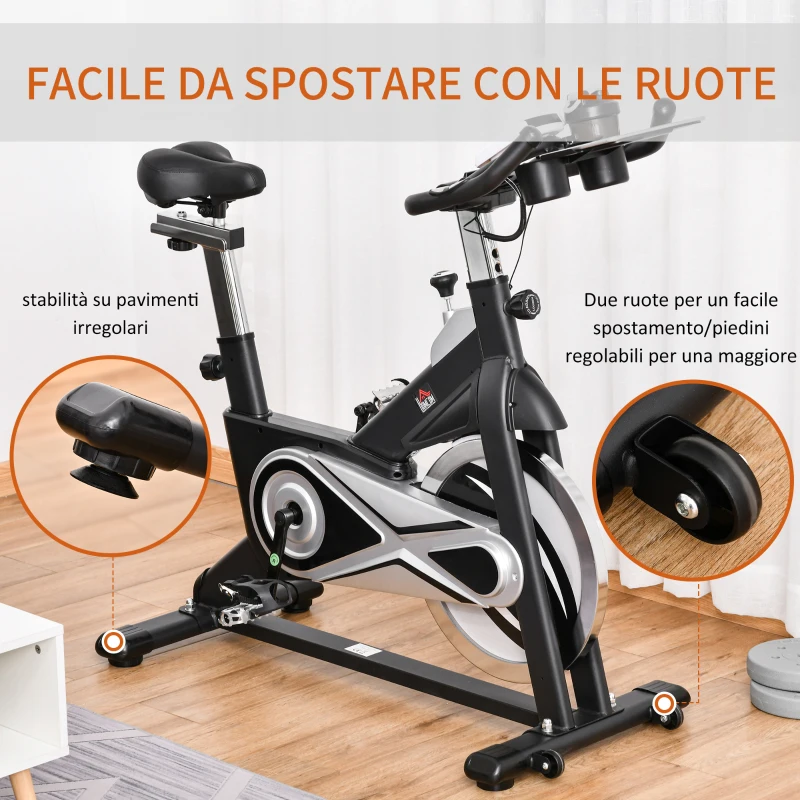 HOMCOM Cyclette Spin Bike con Volano 18kgAltezza e Resistenza Regolabile con Supporto per Cellulare e Display LCD Nero