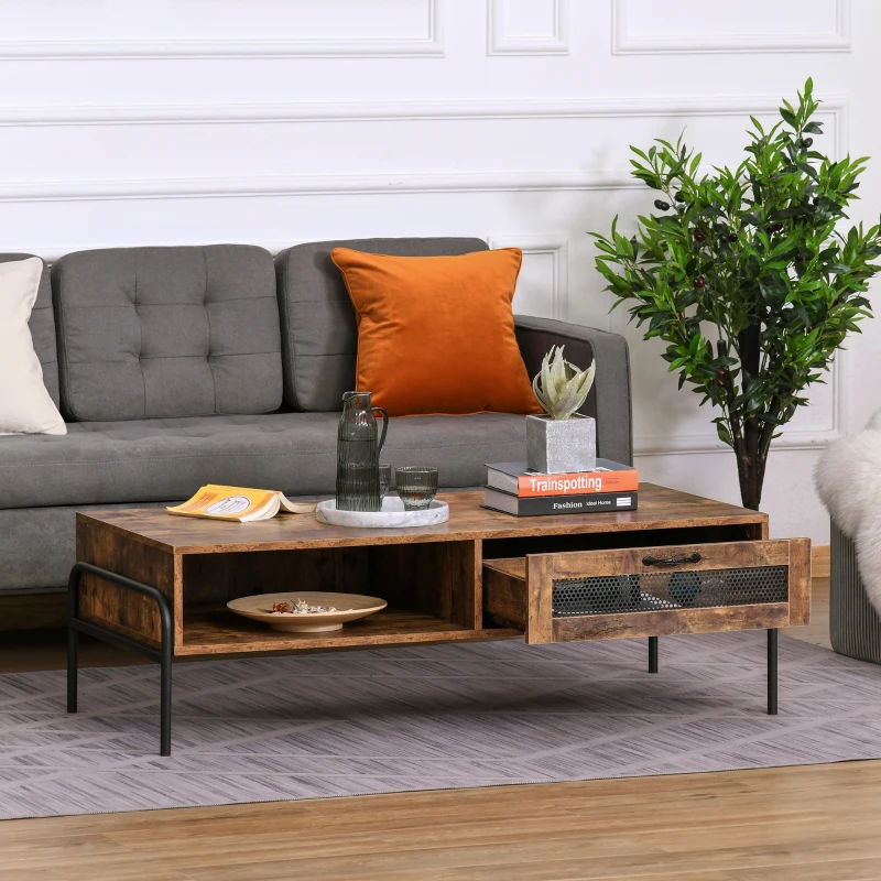 HOMCOM Industrial Coffee Table with Storage, Centre Table with Mesh Drawer, Open Shelf and Metal Legs for Living Room, Rustic Brown